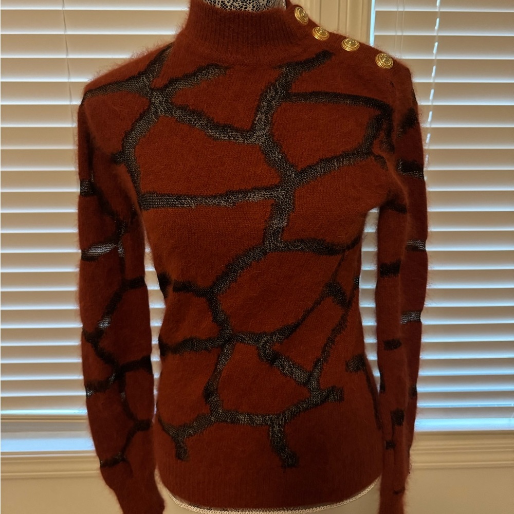 Balmain Rust-burnt orange and Black Patterned Turtleneck Sweater size 38 - Picture 9 of 12